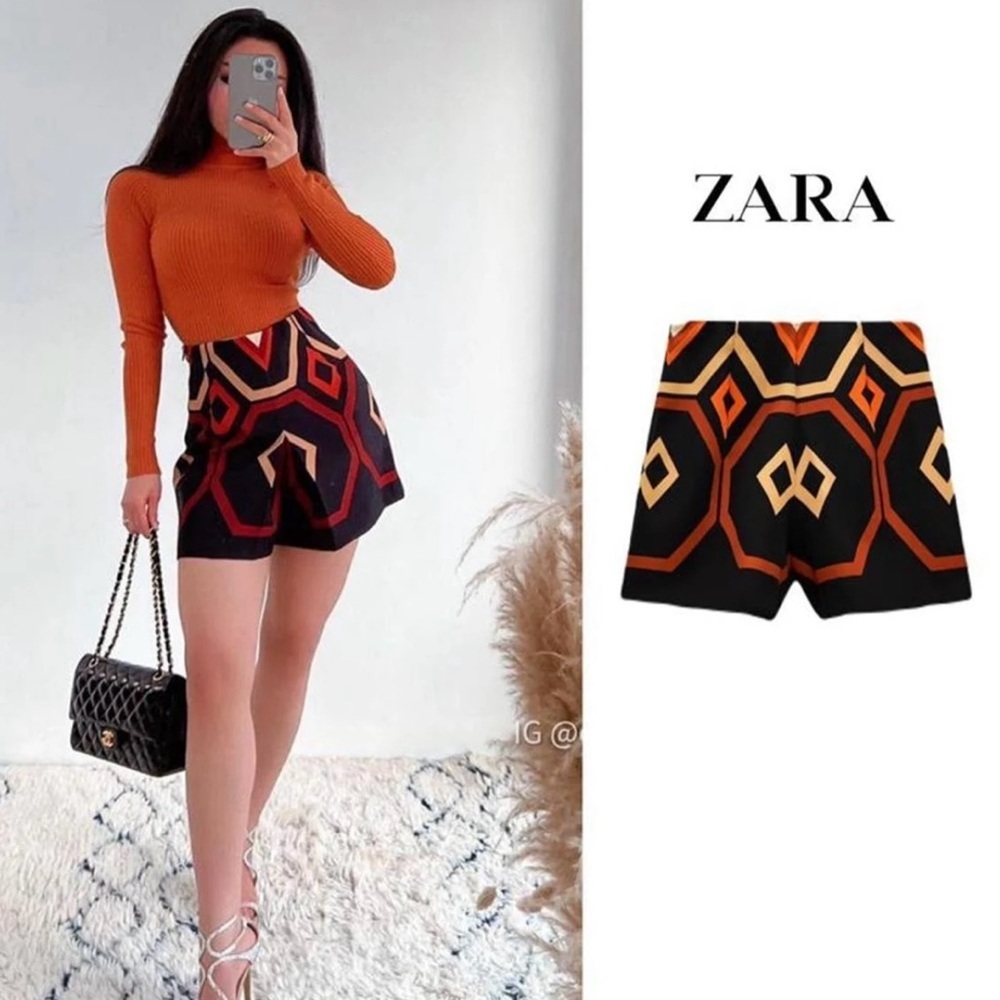 🖤🧡Zara Women's High Waist Black and Orange Geometric Patterned Shorts 🧡🖤SZ S